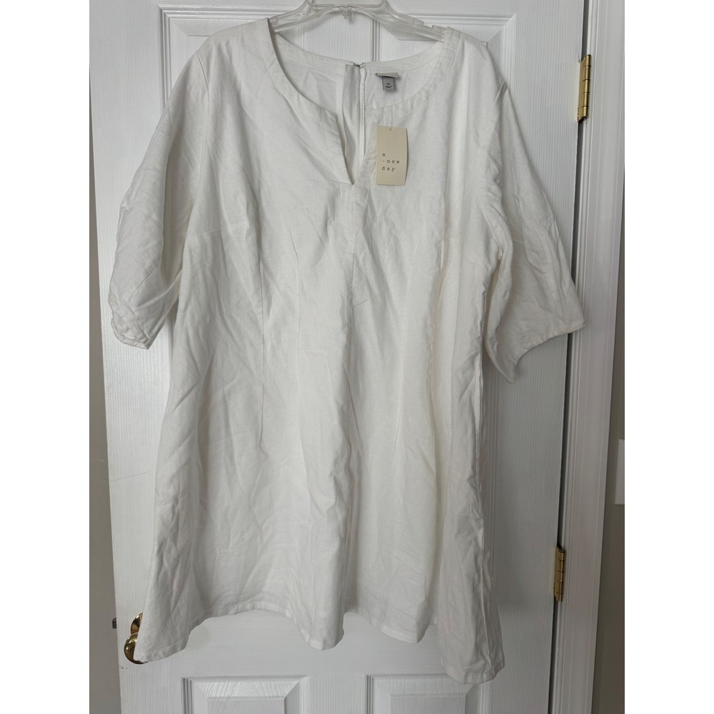 A New Day White Linen Blend Split Neck Shift Dress Size 20 NWT